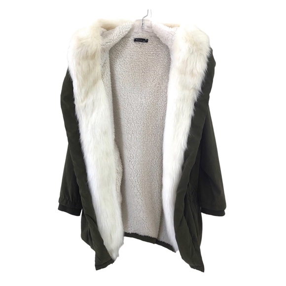 Roiii Womens Green Hooded Parka Coat Faux Fur Trim Sherpa Fleece Lining Zipper - Picture 5 of 16